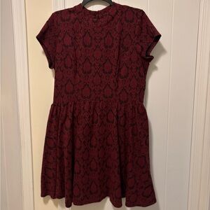 EUC Red & Black Floral Geometric Jacquard Patterned Mock Neck Mini Skater Dress